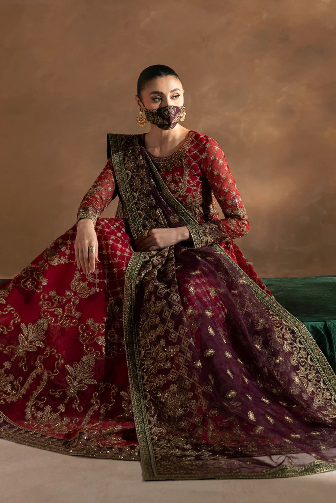 Red Embroidered Organza 3 Piece Suit with Contrast Organza Dupatta