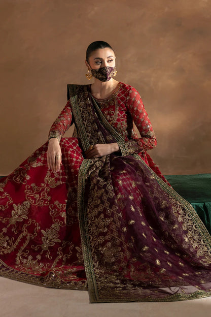 Red Embroidered Organza 3 Piece Suit with Contrast Organza Dupatta