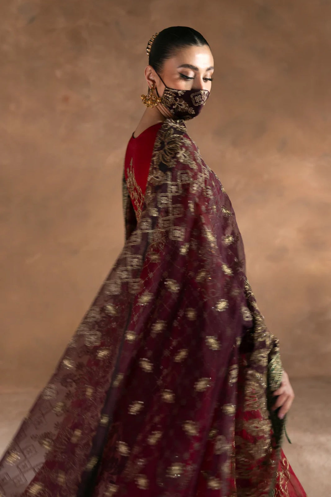 Red Embroidered Organza 3 Piece Suit with Contrast Organza Dupatta