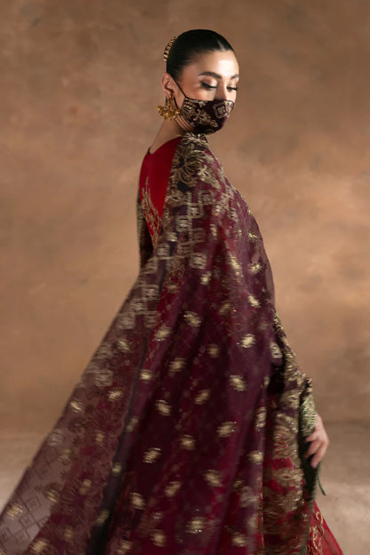 Red Embroidered Organza 3 Piece Suit with Contrast Organza Dupatta