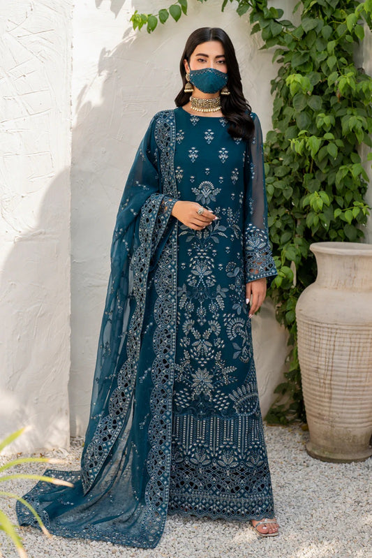 Blue Embroidered Chiffon 3 Piece Suit with Chiffon Dupatta