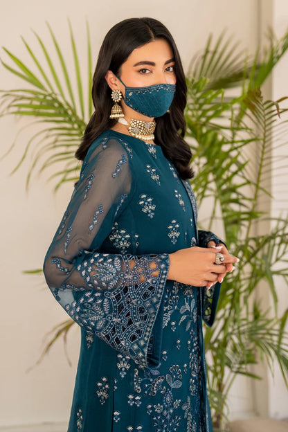 Blue Embroidered Chiffon 3 Piece Suit with Chiffon Dupatta