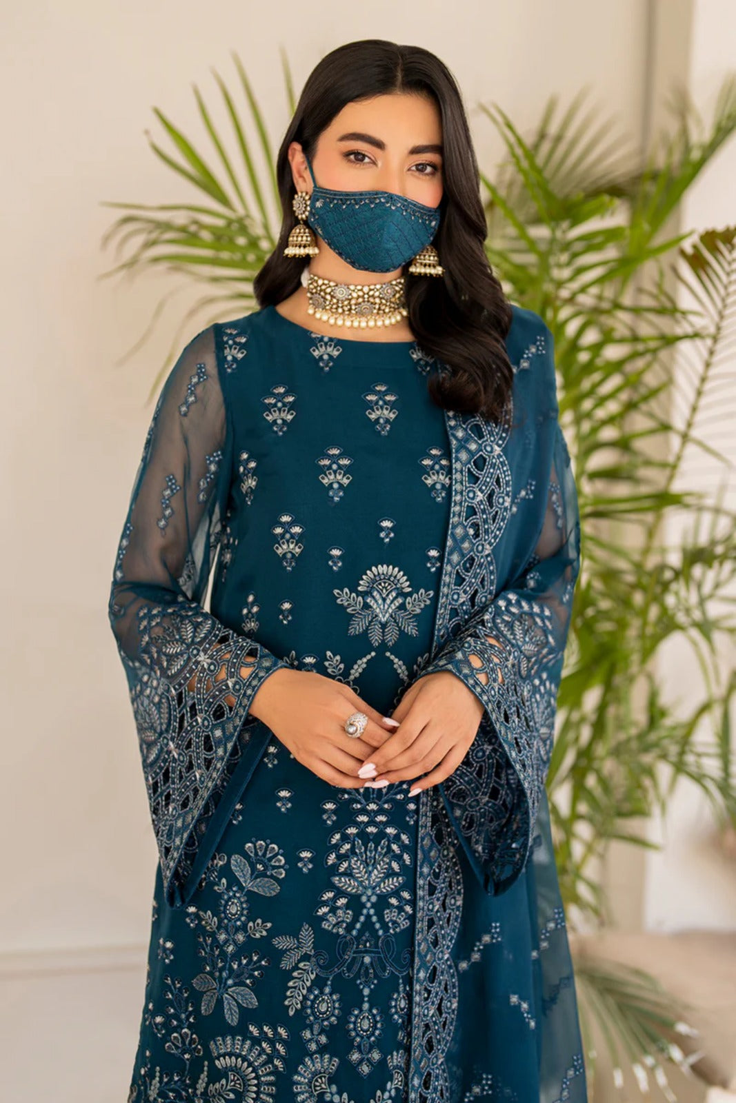 Blue Embroidered Chiffon 3 Piece Suit with Chiffon Dupatta