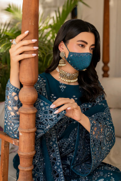 Blue Embroidered Chiffon 3 Piece Suit with Chiffon Dupatta