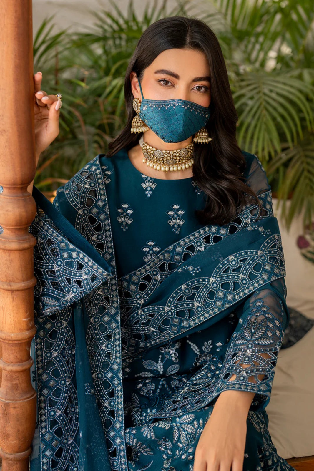 Blue Embroidered Chiffon 3 Piece Suit with Chiffon Dupatta