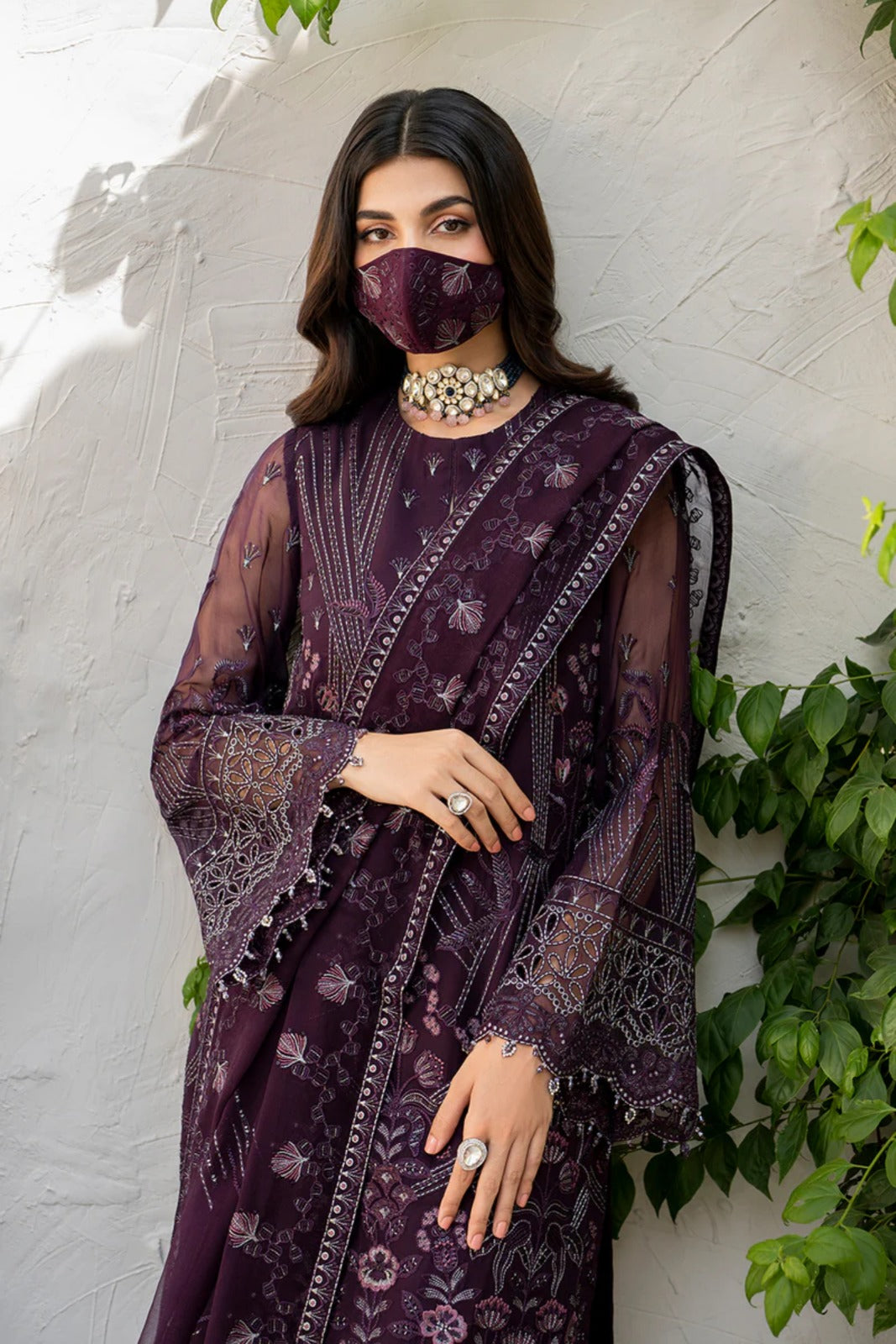 Purple Embroidered Chiffon 3 Piece Suit with Chiffon Dupatta