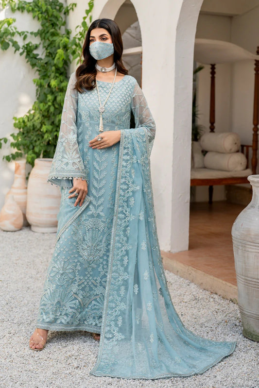 Blue Embroidered Chiffon 3 Piece Suit with Chiffon Dupatta
