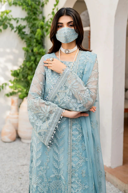 Blue Embroidered Chiffon 3 Piece Suit with Chiffon Dupatta