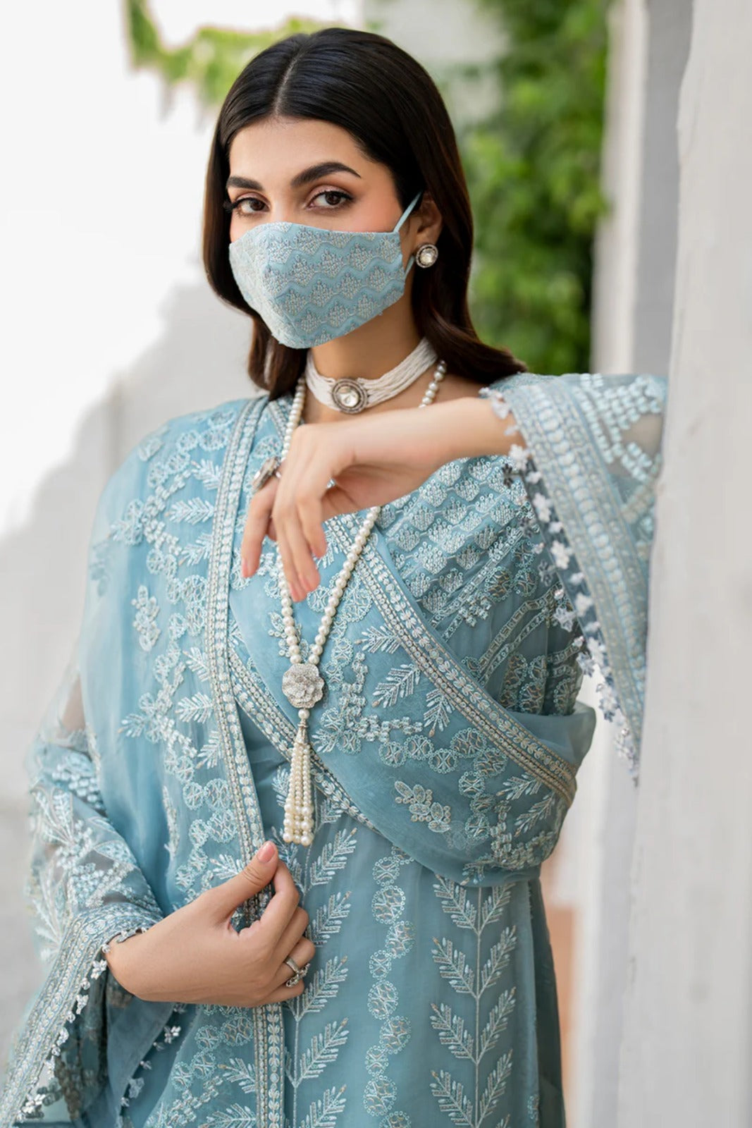 Blue Embroidered Chiffon 3 Piece Suit with Chiffon Dupatta