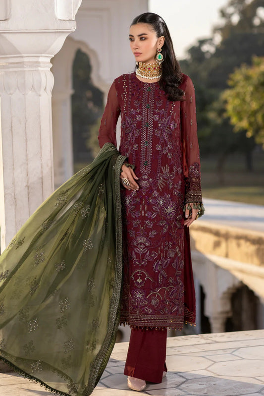 Red Embroidered Chiffon 3 Piece Suit with Contrast Chiffon Dupatta