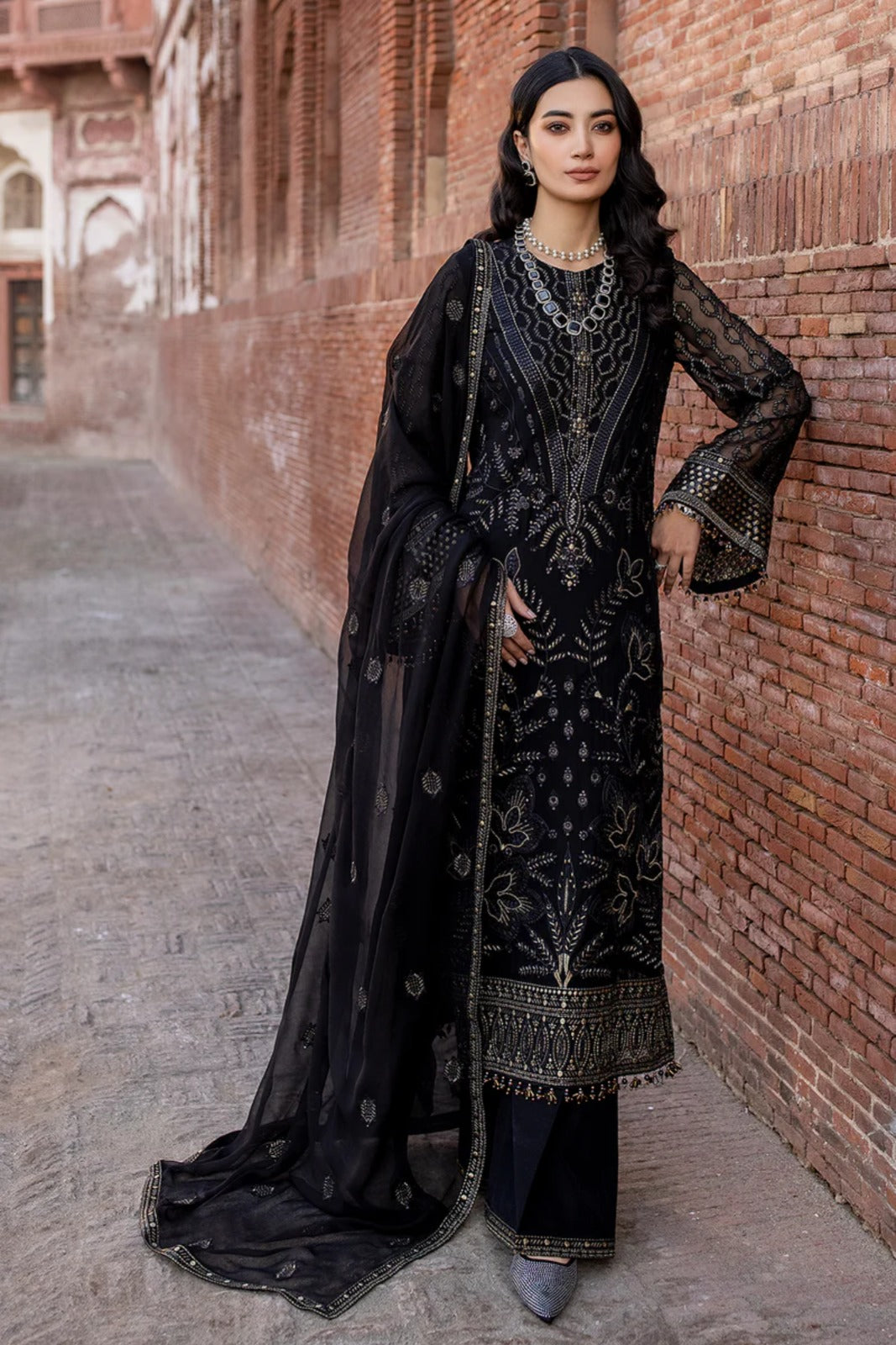 Black Embroidered Chiffon 3 Piece Suit with Chiffon Dupatta