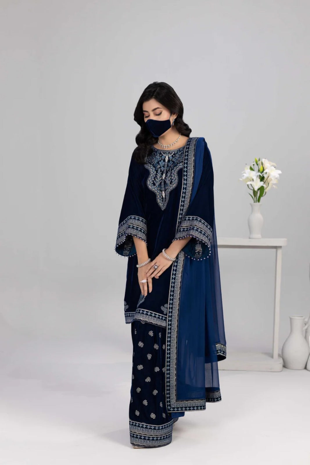 Navy Embroidered Velvet 3 Piece Suit with Chiffon Dupatta