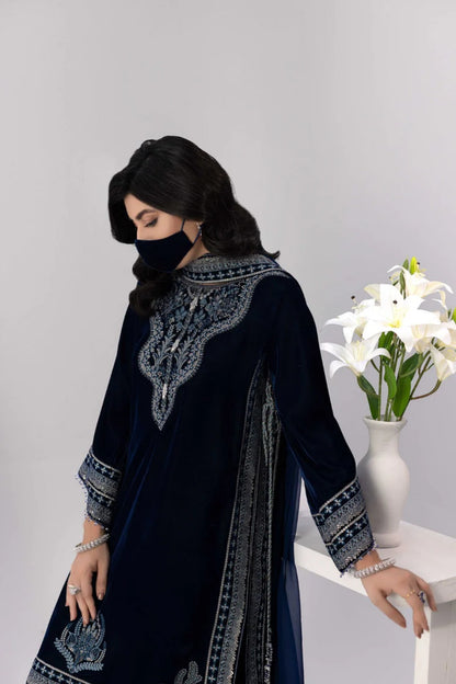 Navy Embroidered Velvet 3 Piece Suit with Chiffon Dupatta