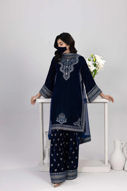 Navy Embroidered Velvet 3 Piece Suit with Chiffon Dupatta