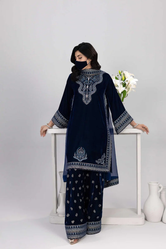Navy Embroidered Velvet 3 Piece Suit with Chiffon Dupatta