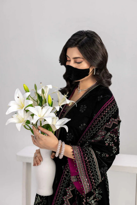 Black Embroidered Velvet 3 Piece Unstitched Suit with Velvet Shawl