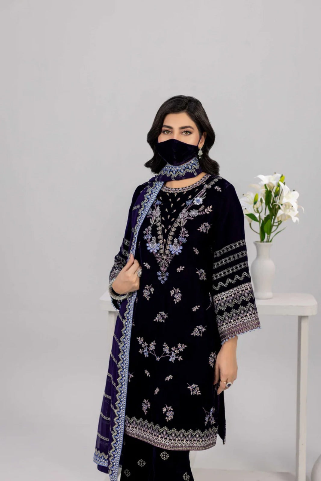 Navy Embroidered Velvet Suit with Chiffon Dupatta