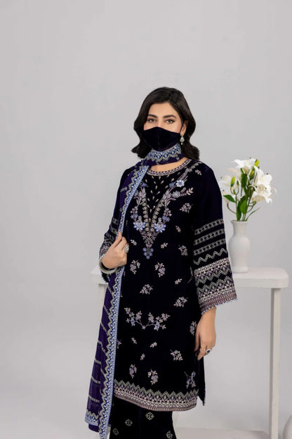 Navy Embroidered Velvet Suit with Chiffon Dupatta
