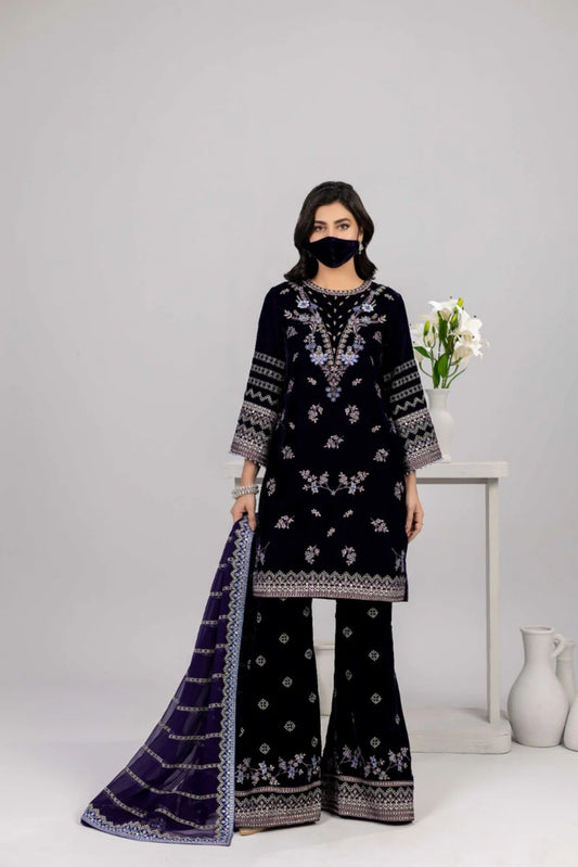 Navy Embroidered Velvet Suit with Chiffon Dupatta