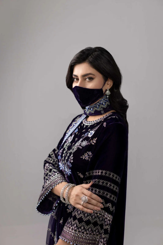 Navy Embroidered Velvet Suit with Chiffon Dupatta