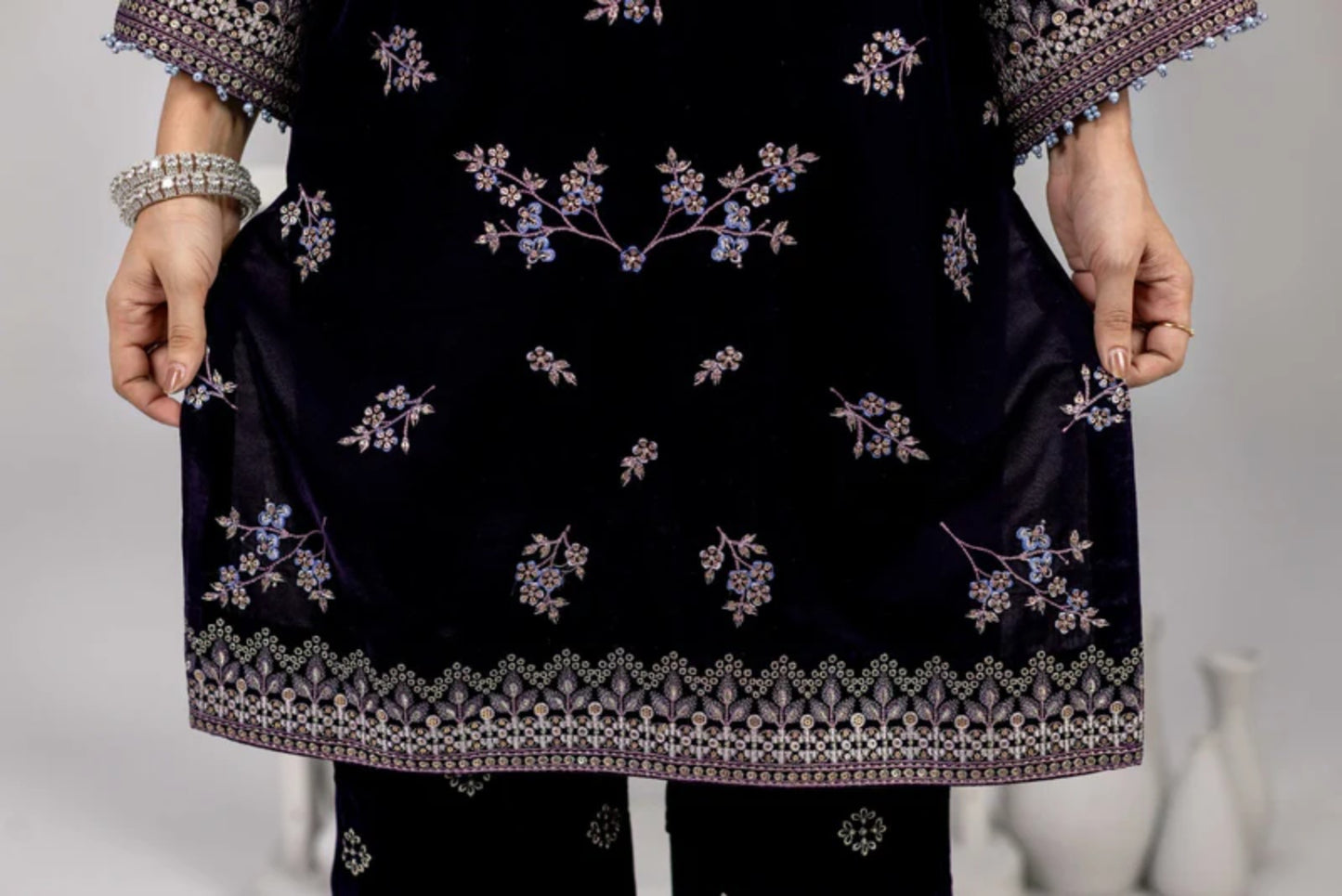 Navy Embroidered Velvet Suit with Chiffon Dupatta