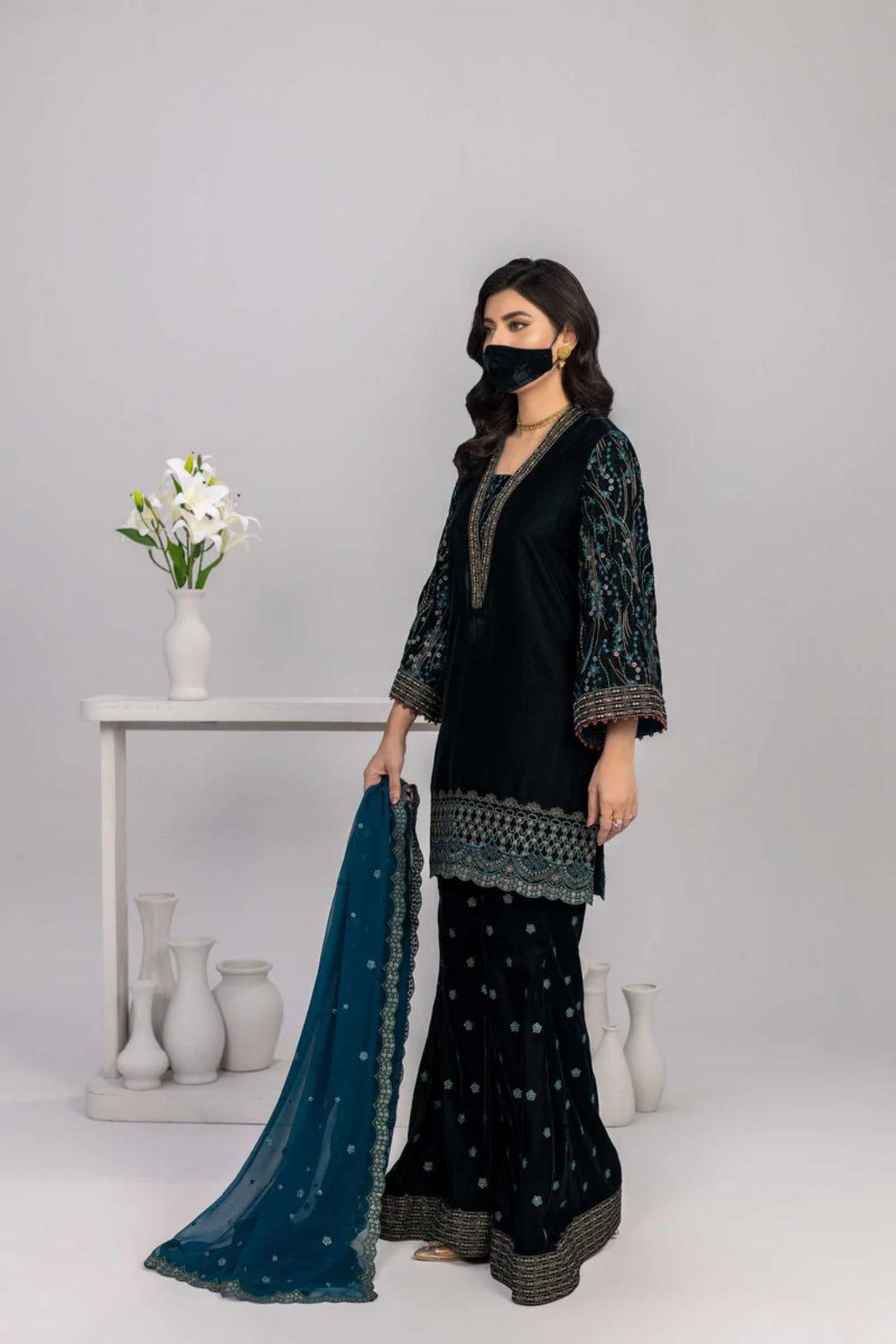 Black Embroidered Velvet 3 Piece Suit with Contrast Chiffon Dupatta