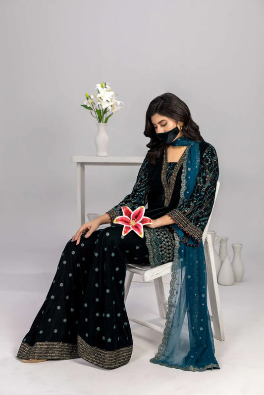 Black Embroidered Velvet 3 Piece Suit with Contrast Chiffon Dupatta