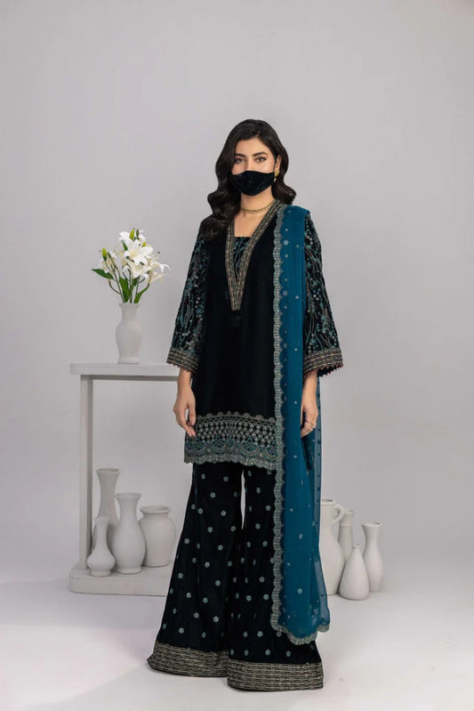 Black Embroidered Velvet 3 Piece Suit with Contrast Chiffon Dupatta
