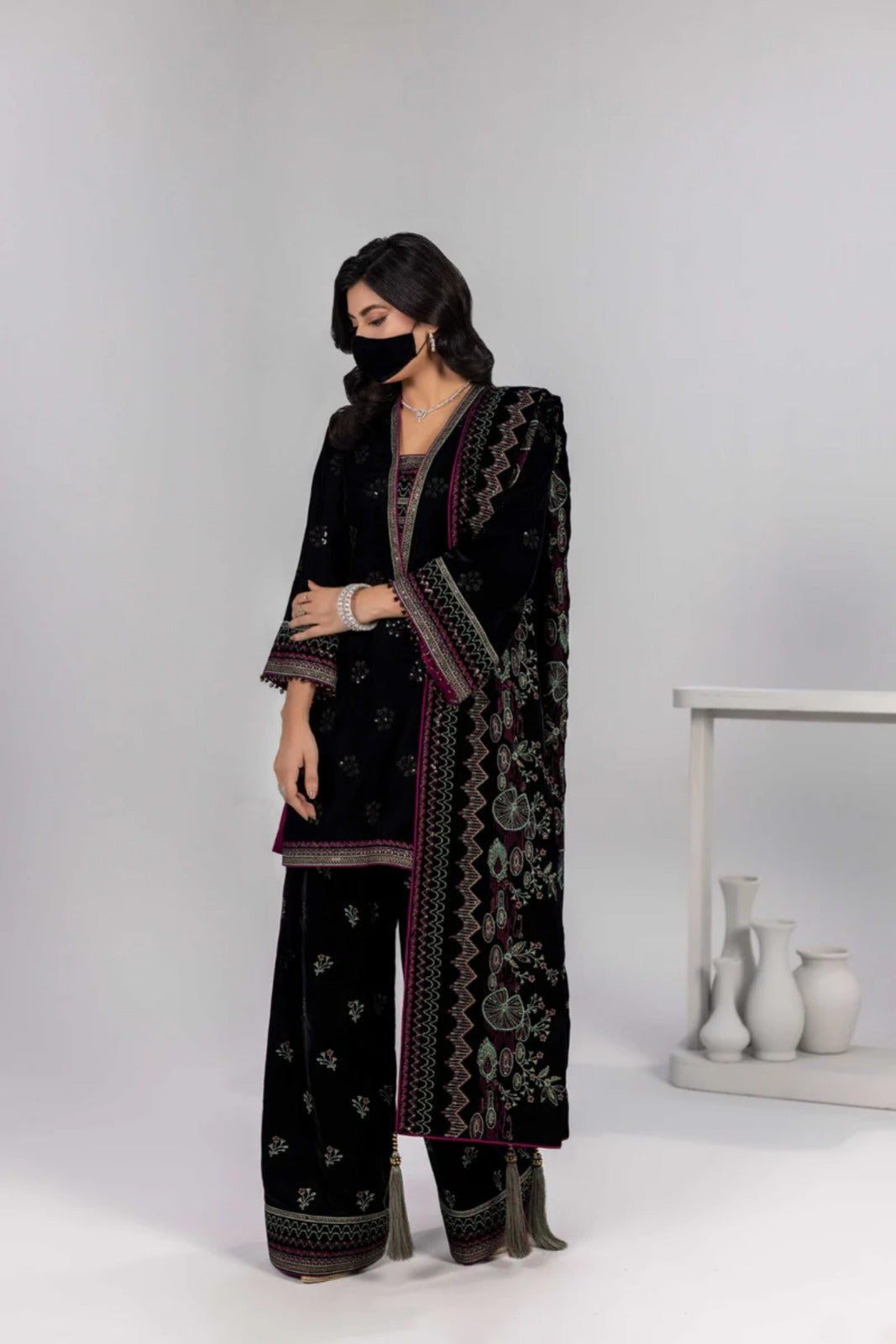 Black Embroidered Velvet 3 Piece Unstitched Suit with Velvet Shawl