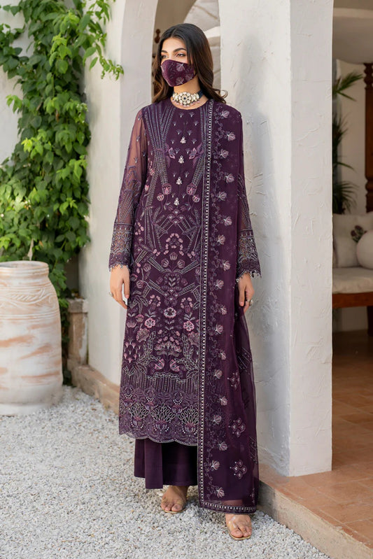 Purple Embroidered Chiffon 3 Piece Suit with Chiffon Dupatta