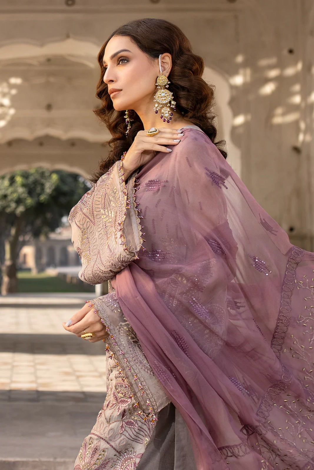 Purple Embroidered Chiffon 3 Piece Suit with Contrast Chiffon Dupatta